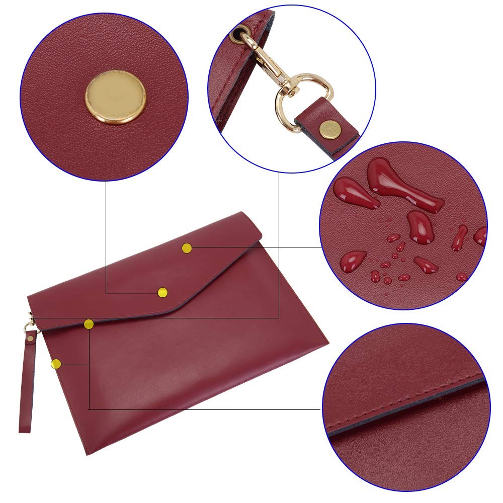 Wonderpool A4 Real Leather Multifunction Portfolio Envelope File A4, Wine Red