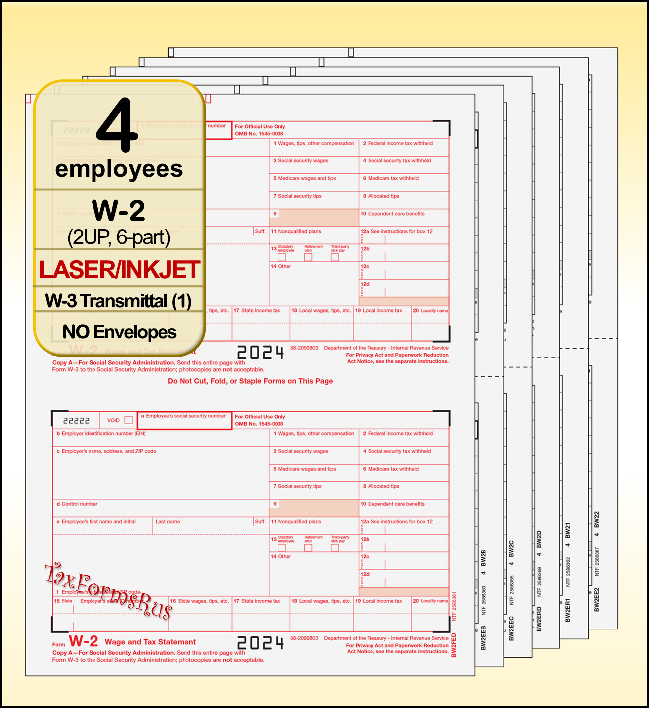 2024 IRS Tax Form W-2 Wage Stmts 4 employees LASER + (1)W3 #W2TRADS605 – NO Env