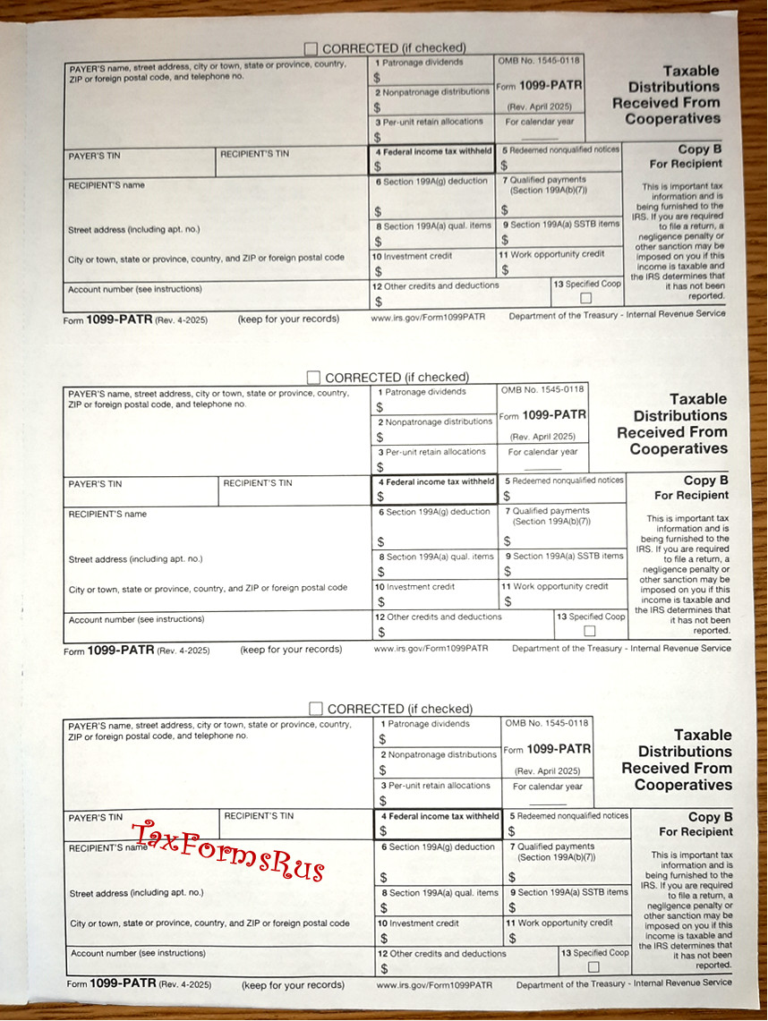 2025 IRS Tax Form 1099-PATR single sheet set 3 recipients, NONCarbonless 2pt 3UP