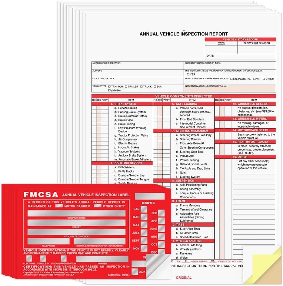 Annual Vehicle Inspection Report Forms & Durable Red Aluminum Labels – 10-Pack
