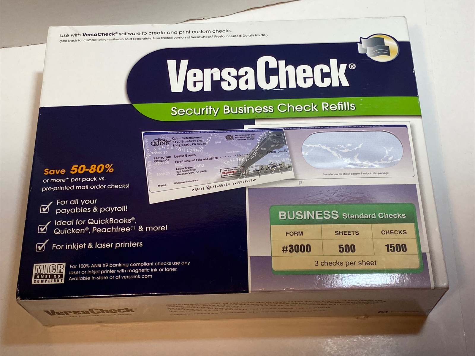 VersaCheck Security Business Check Refills 1500 Checks Form #3000
