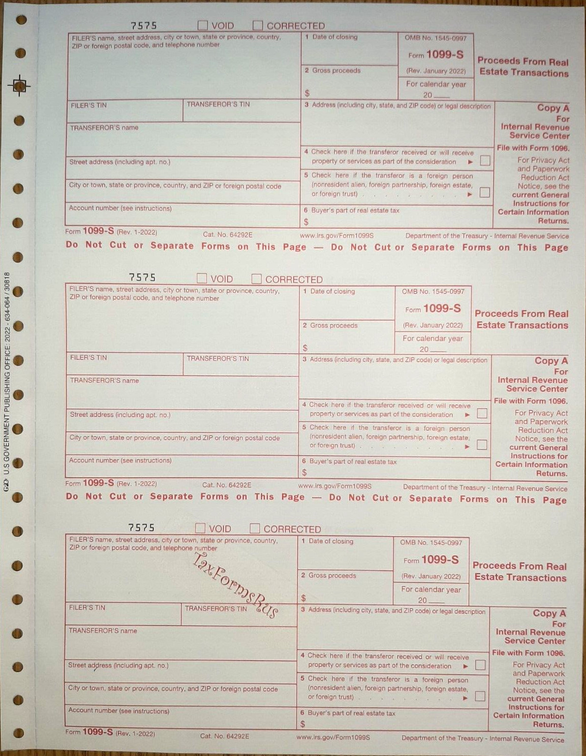 2022 IRS Tax Form 1099-S single sheet set for 3 transferors carbonless 3-pt