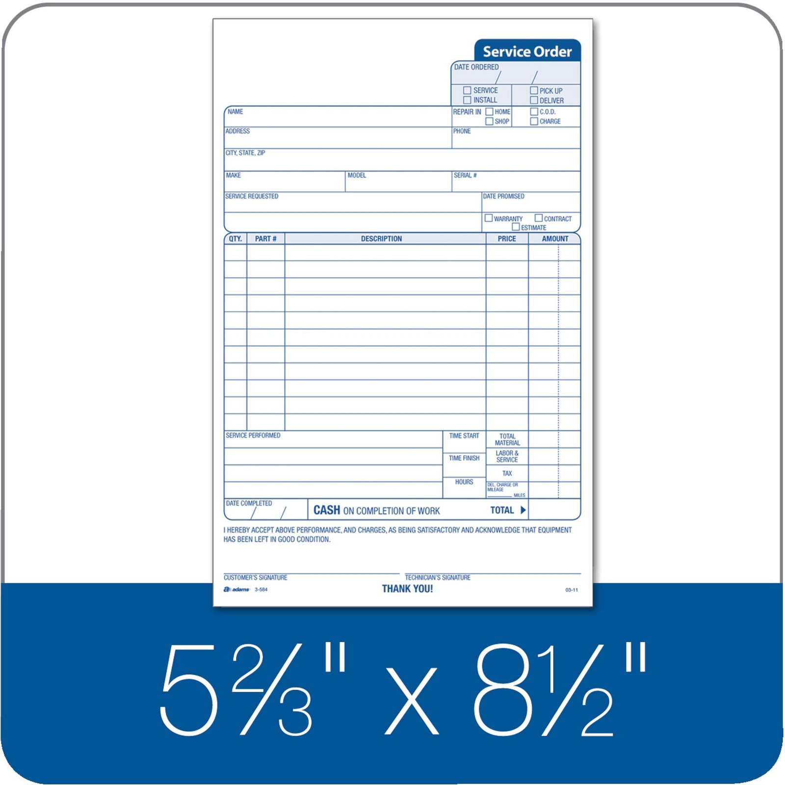 Adams Service Order Form, 3 Part, Carbonless, 5 2/3″X9″ Inch, 250 Sets per Pack