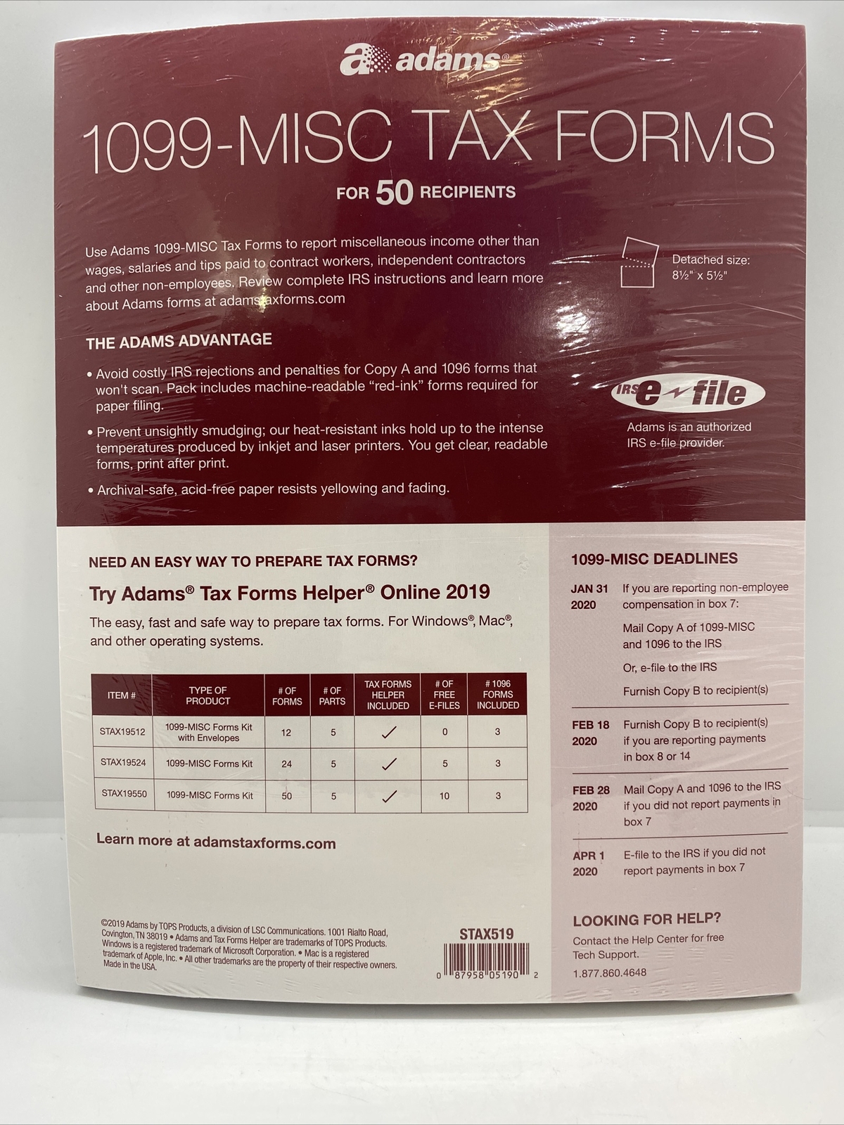 Adams 2019 1099-MISC Tax Forms and 1096, Laser Tax for 50 Recipients