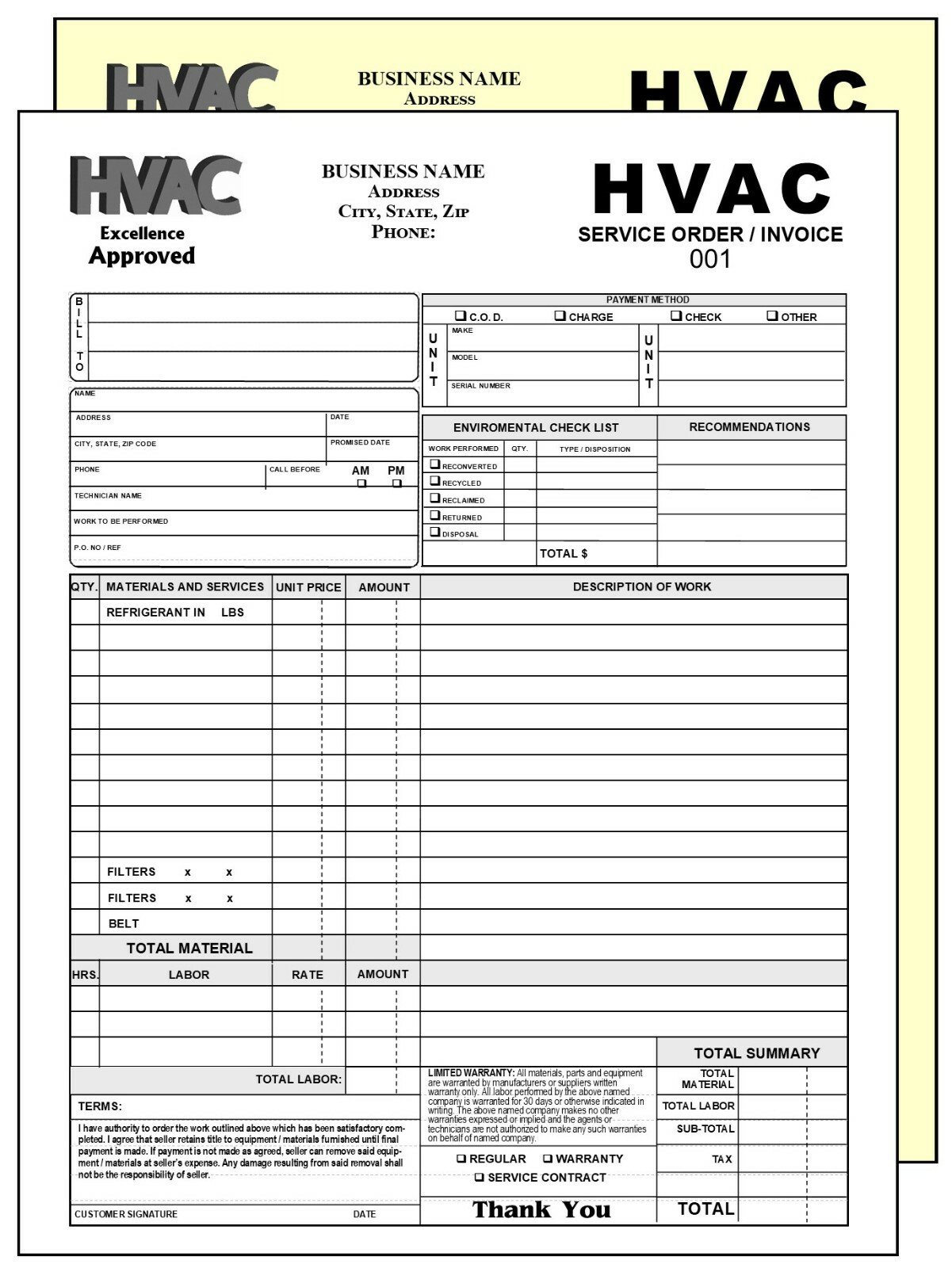 100 HVAC WORK ORDER INVOICE – 2 PART CARBONLESS FORM