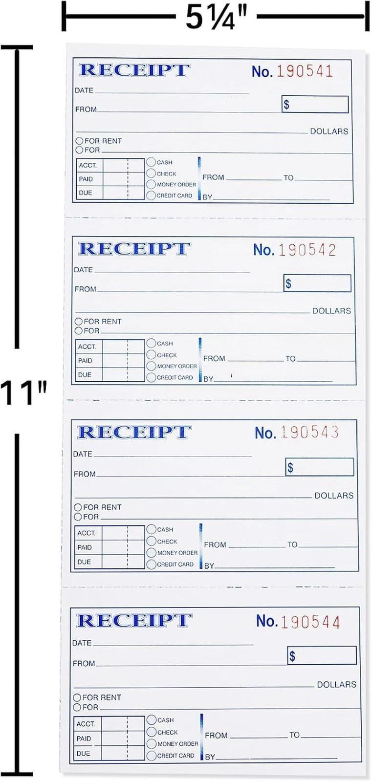Receipt Book with Carbon Copies, 2-part Carbonless, 100 Sets Per Book, 4 Receipt