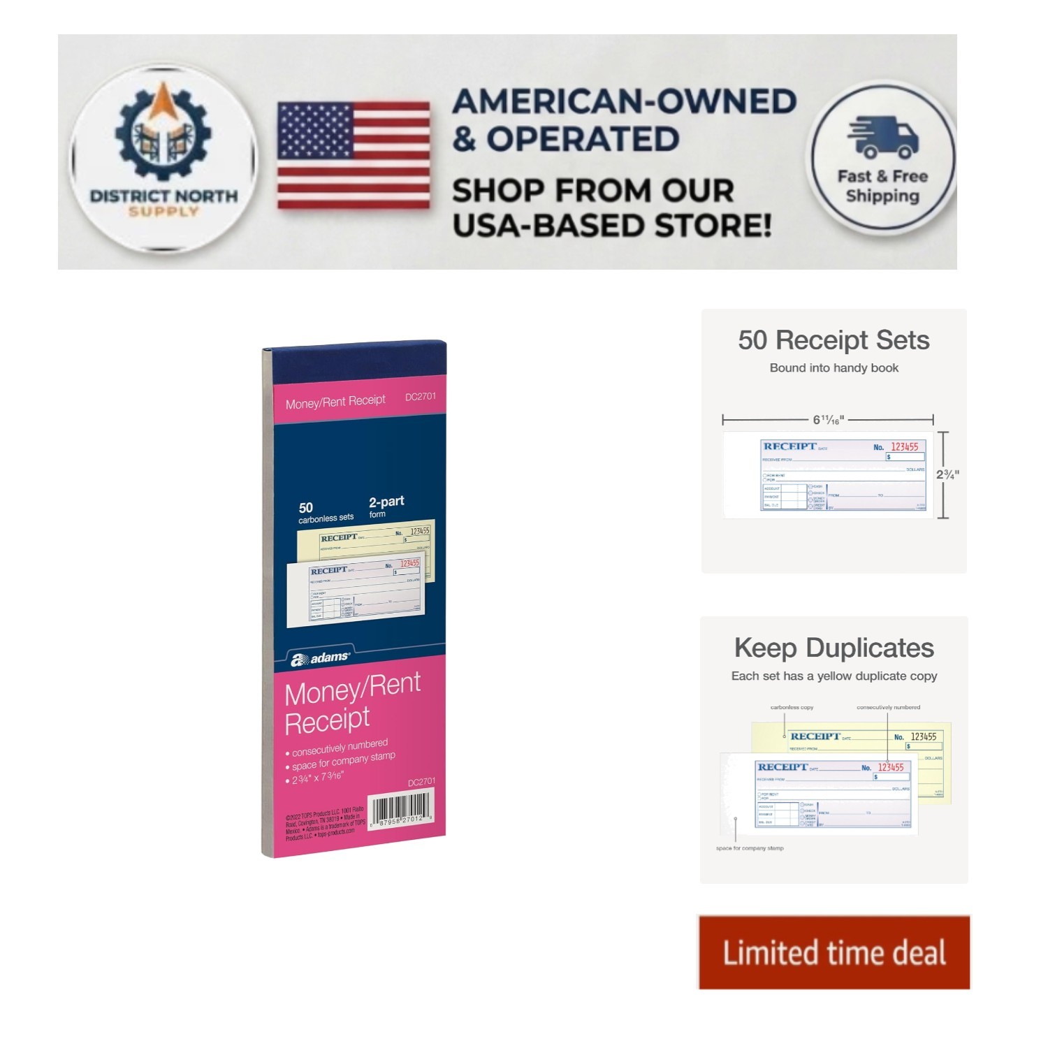 Adams 2-Part Money and Rent Receipt Book – Ideal for Small Businesses, 50 Sets