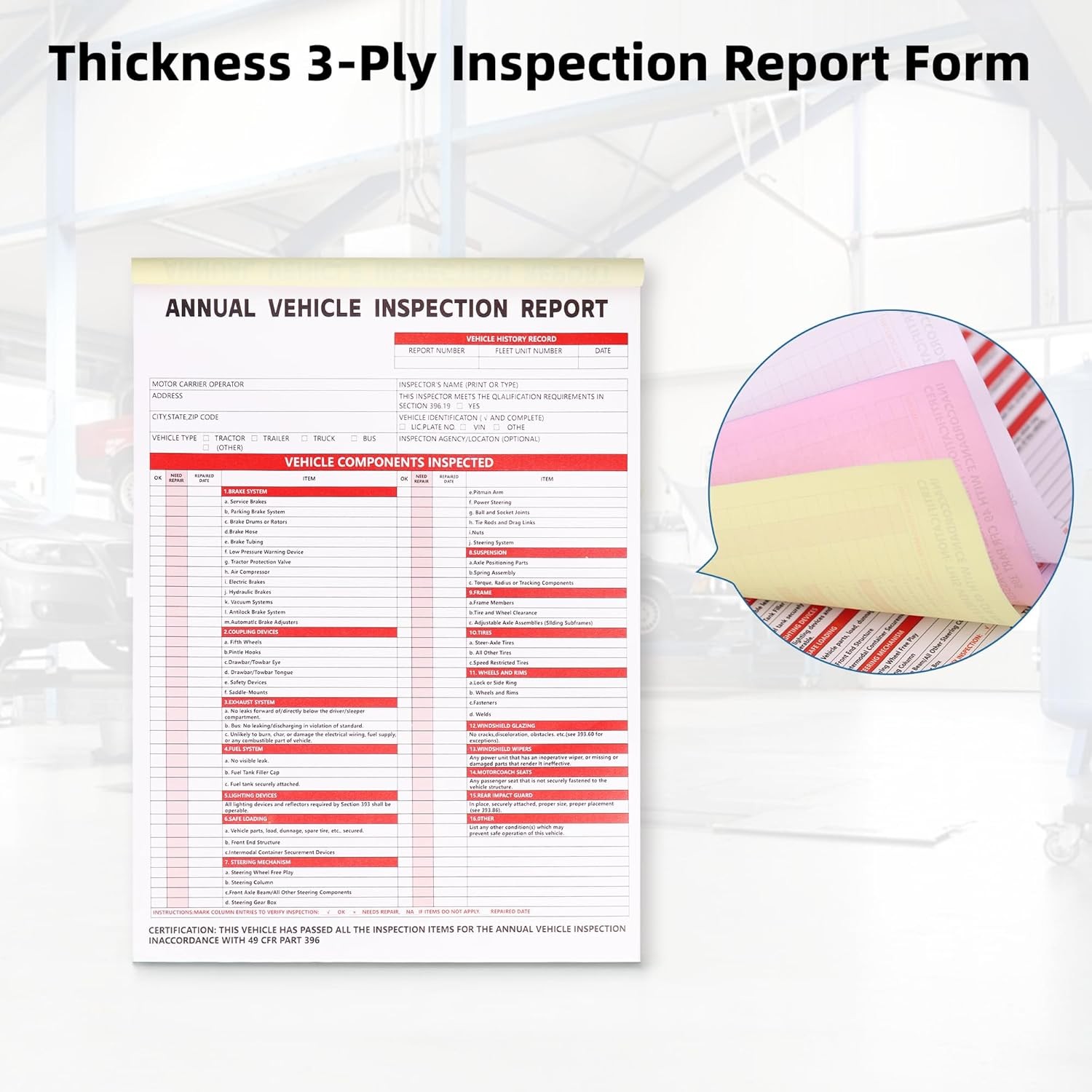 15 Pack 3 Ply Annual Vehicle Inspection Report with Hardboard Clipboard