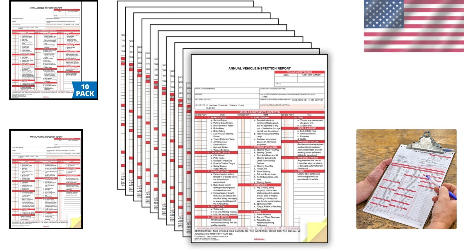 J. J. Keller 10-Pack 3-Ply Carbonless Annual Vehicle Inspection Report Forms USA