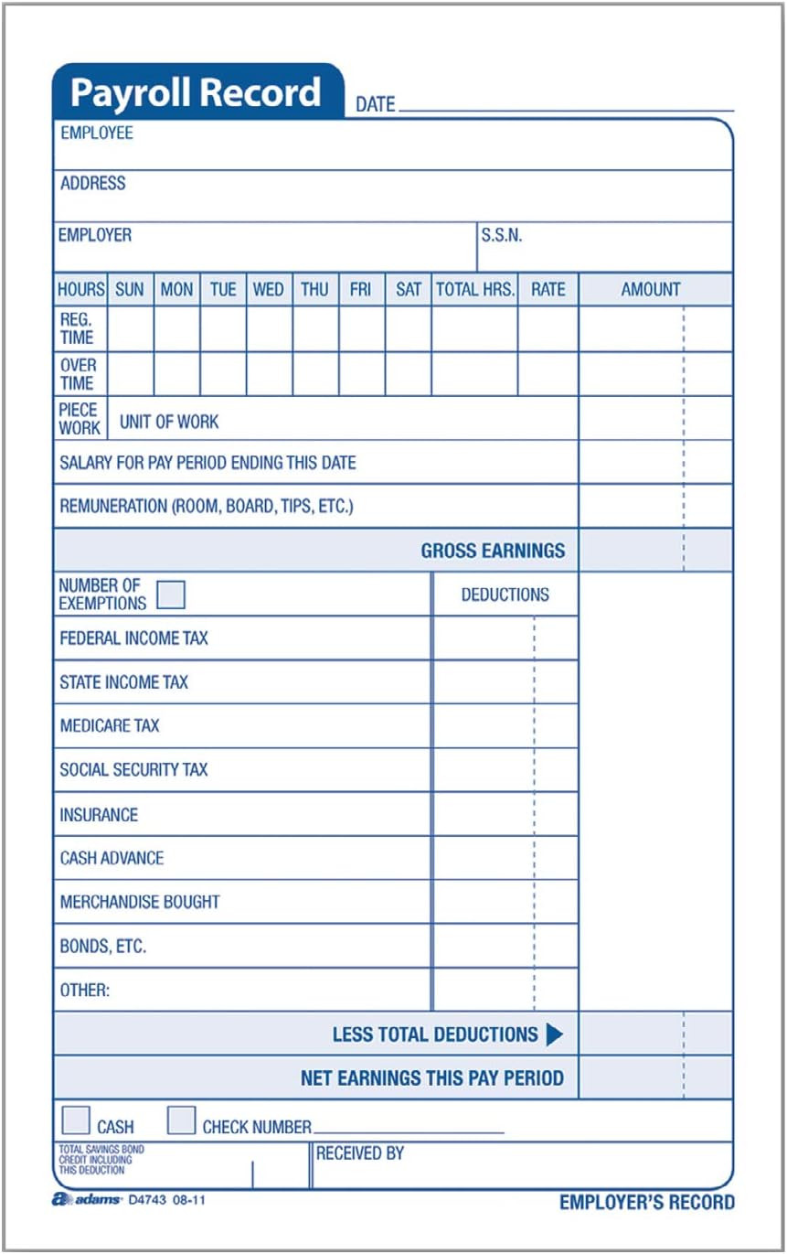 Employee Payroll Record Book, 4.19 X 7.19 Inches, White and Canary, 2-Part, 55 S