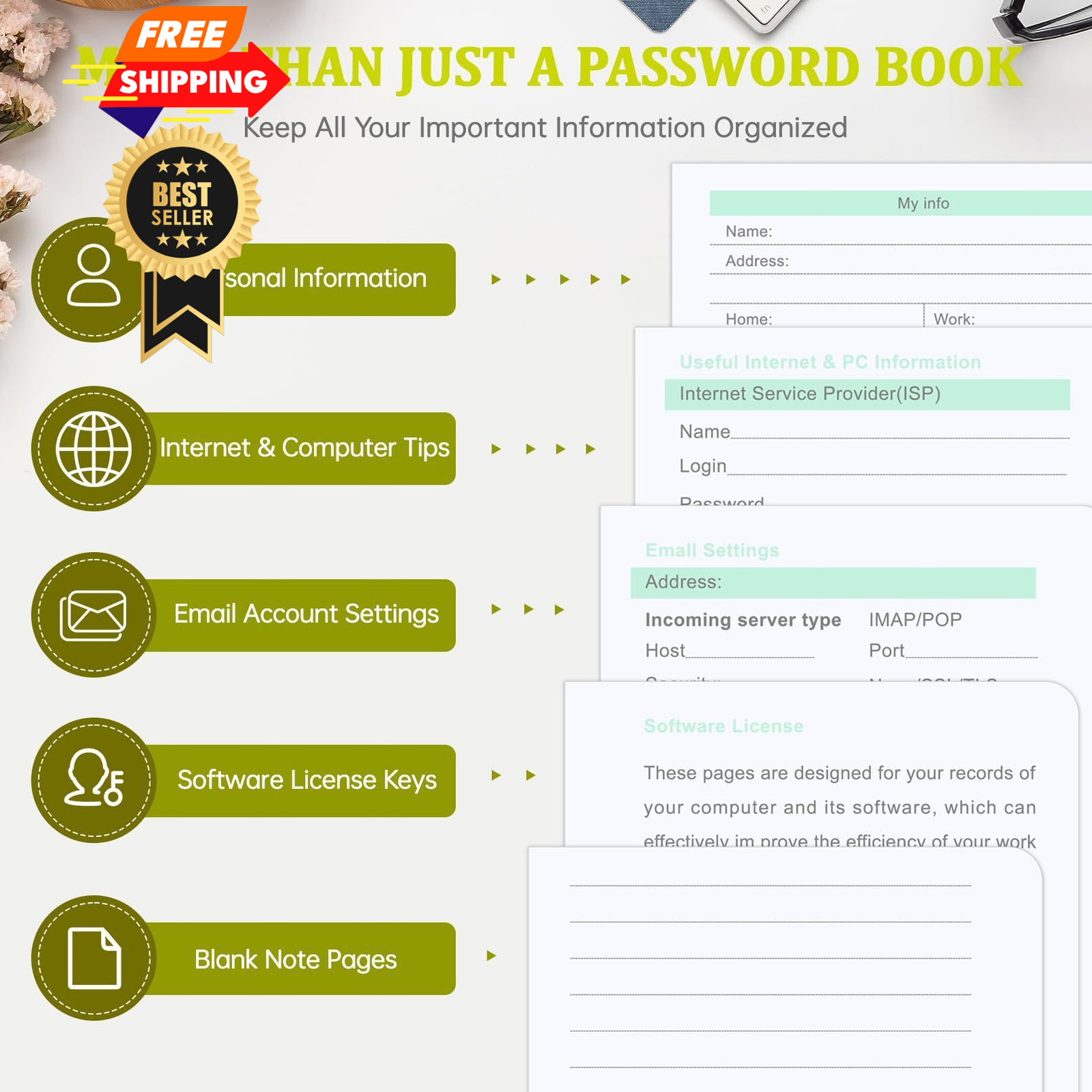 Password Book with Alphabetical tabs. No Inner Pocket, Fluorescent Green