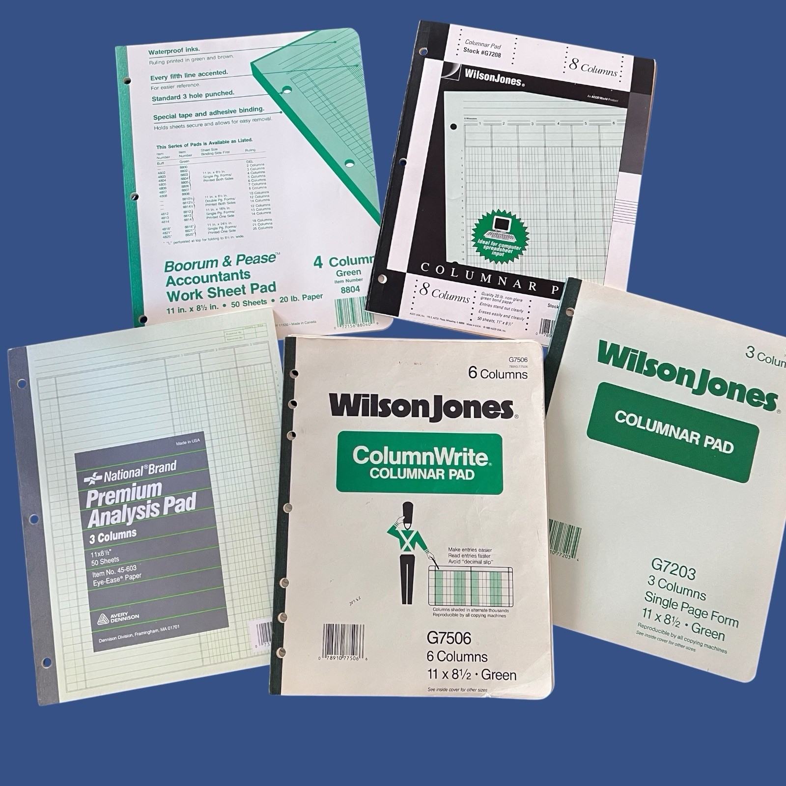 Vintage WILSON JONES Columnar Pad -Lot Of 5-Green 8.5” X 11”