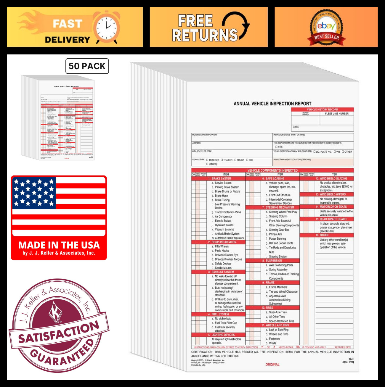 50-Pack Annual Vehicle Inspection Report Forms, Carbon 3-Ply Snap-Out, DOT Compl