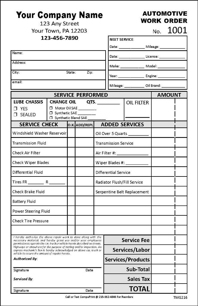 Custom Automotive Work Order Form / 2 Part or 3 Part / 5.5 x 8.5 / TMG216