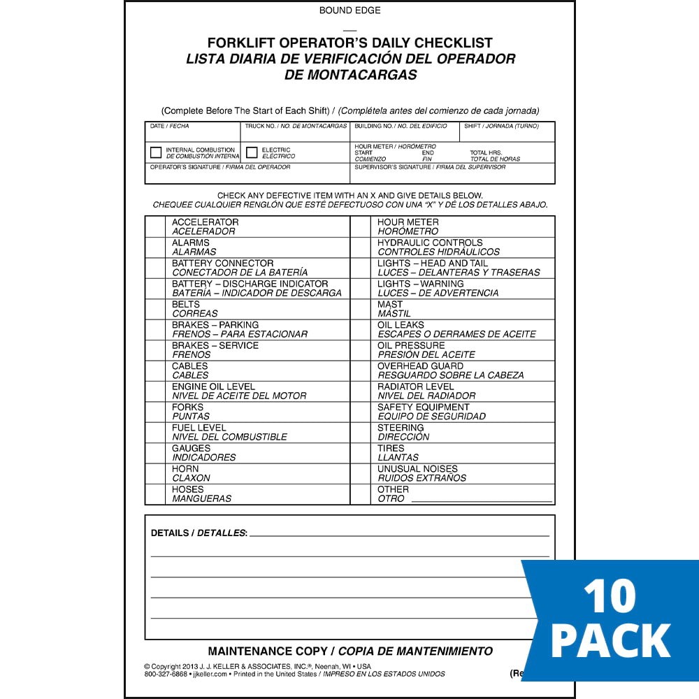 J. J. Keller Forklift Operator Daily Checklist Book 10-pk., Bilingual, 2-Ply,