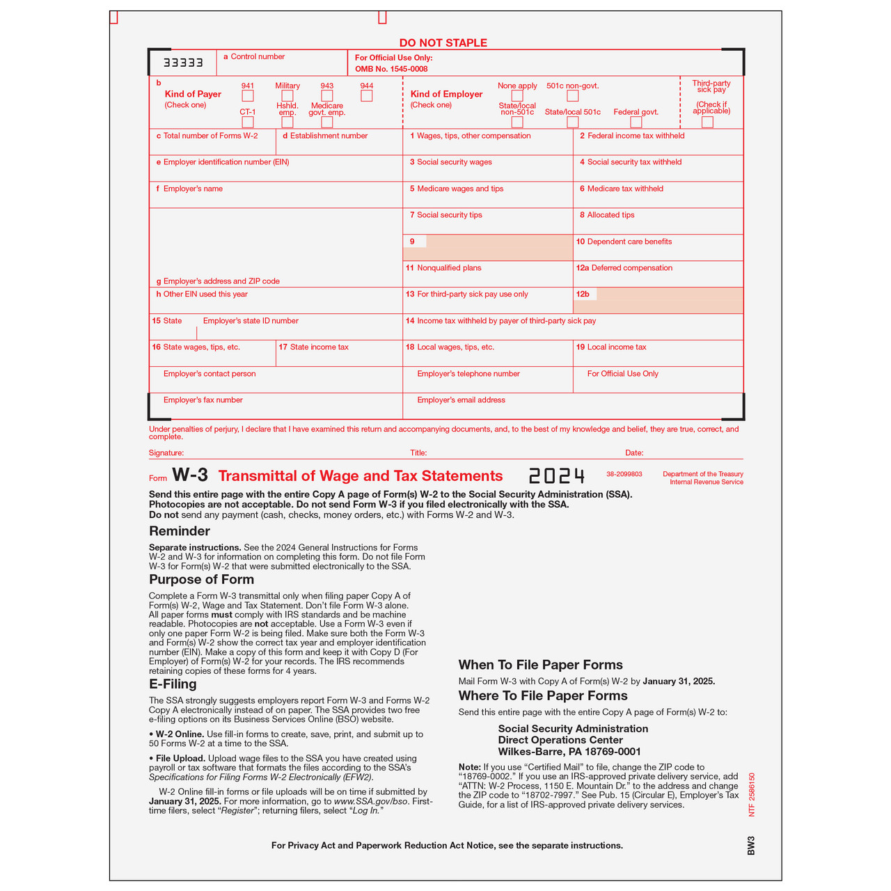 2024 IRS Tax Form W-2 Wage Stmts 4 employees LASER + (1)W3 #W2TRADS605 – NO Env
