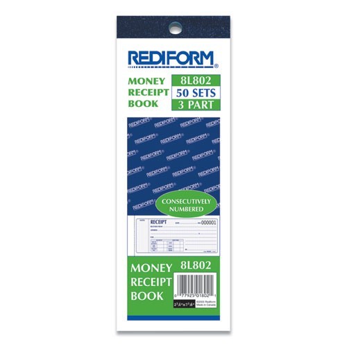 Rediform Receipt Book, Three-Part Carbonless, 4 Forms/Sheet, 50 Forms Total