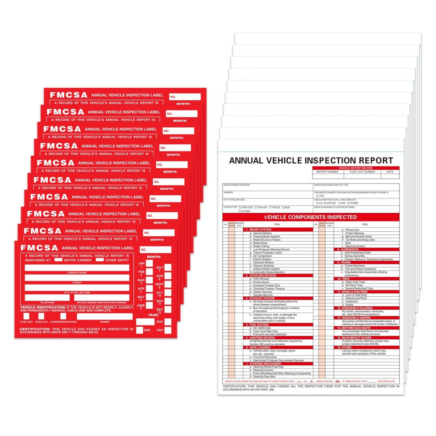 Annual Vehicle Inspection Report Forms 10 Pack with Red FMCSA Labels Aluminum, 3