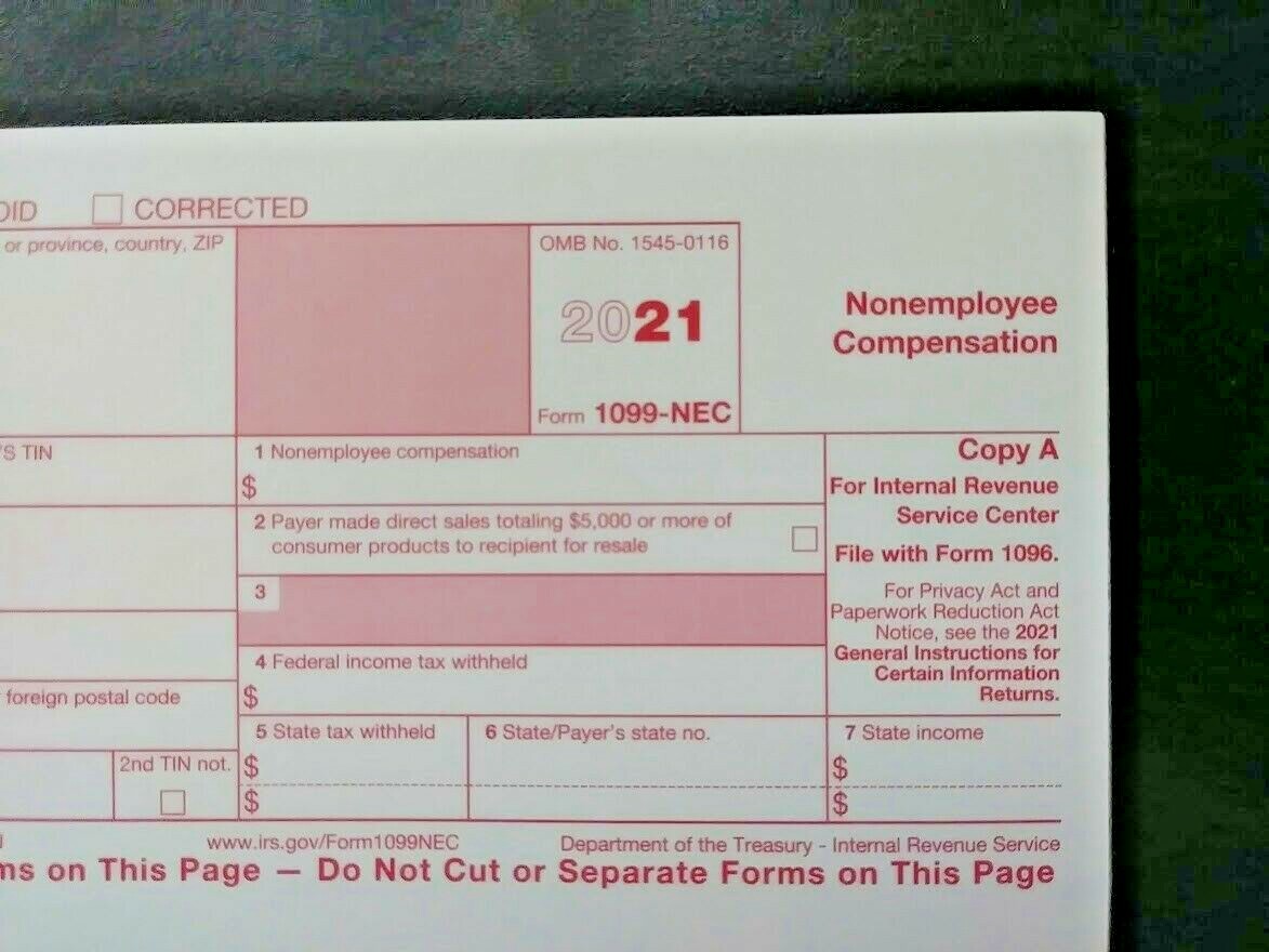 2021: 5 SHEETS 1099-NEC IRS Nonemployee Compensation & 3=1096 Transmittal Forms
