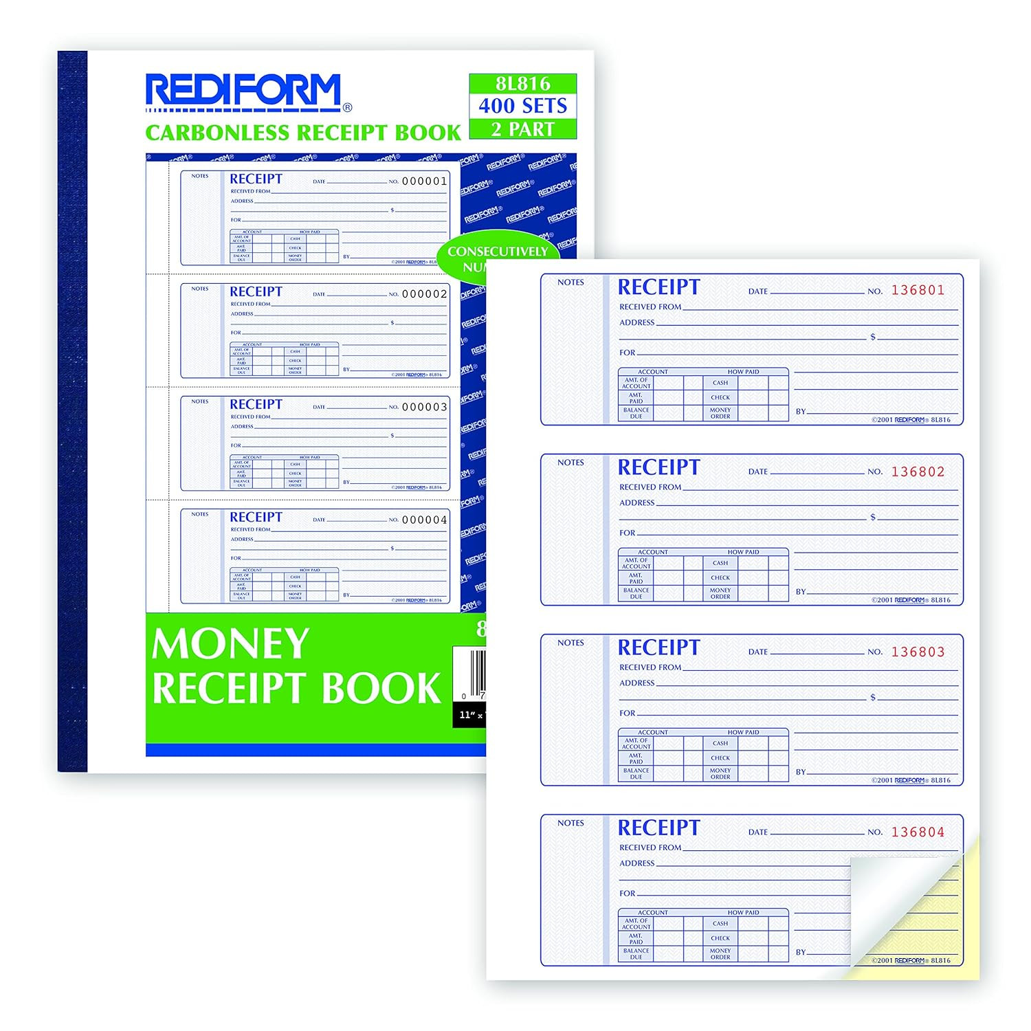 Rediform® Money Receipt Book, Carbonless, 400 Numbered Duplicates, 4/Page, 11″ X