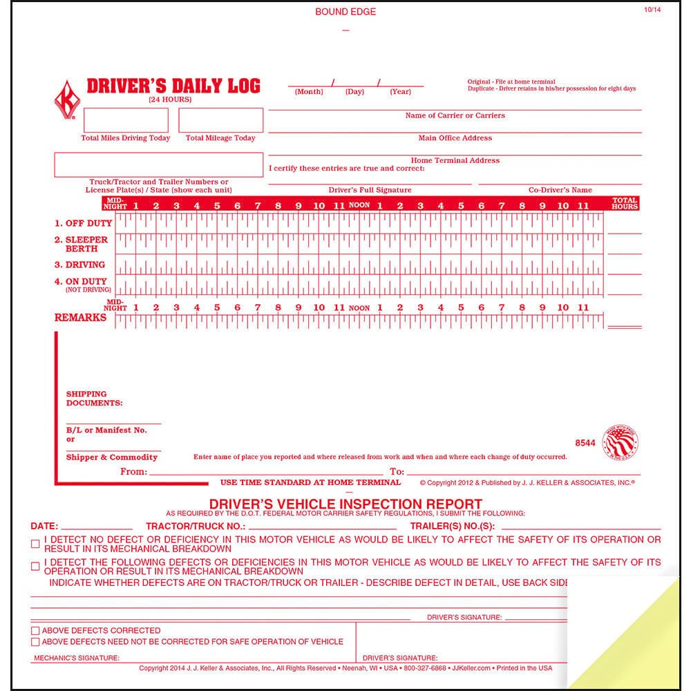 2-in-1 Driver Daily Log Book with Simplified DVIR, 2-Ply Carbonless, 10-pk.