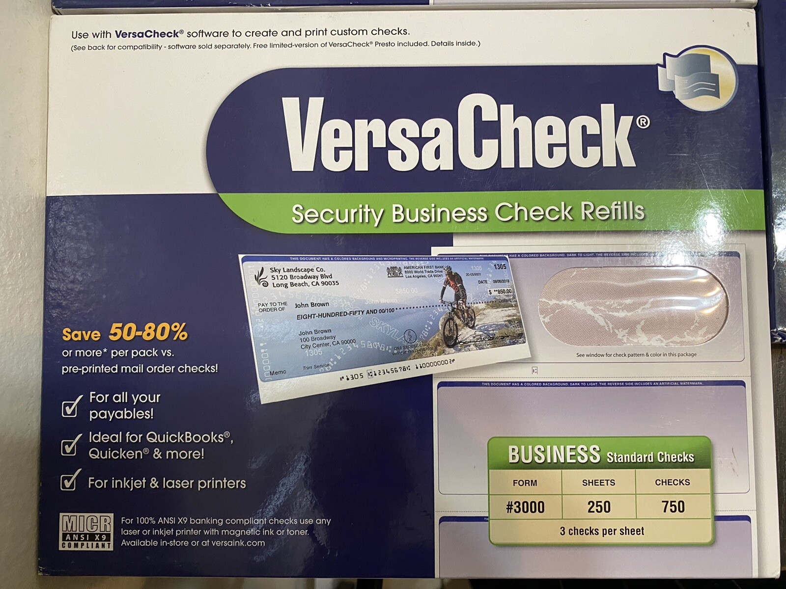 VersaCheck Security Business Check Refills 750 Standard Checks Form #3000