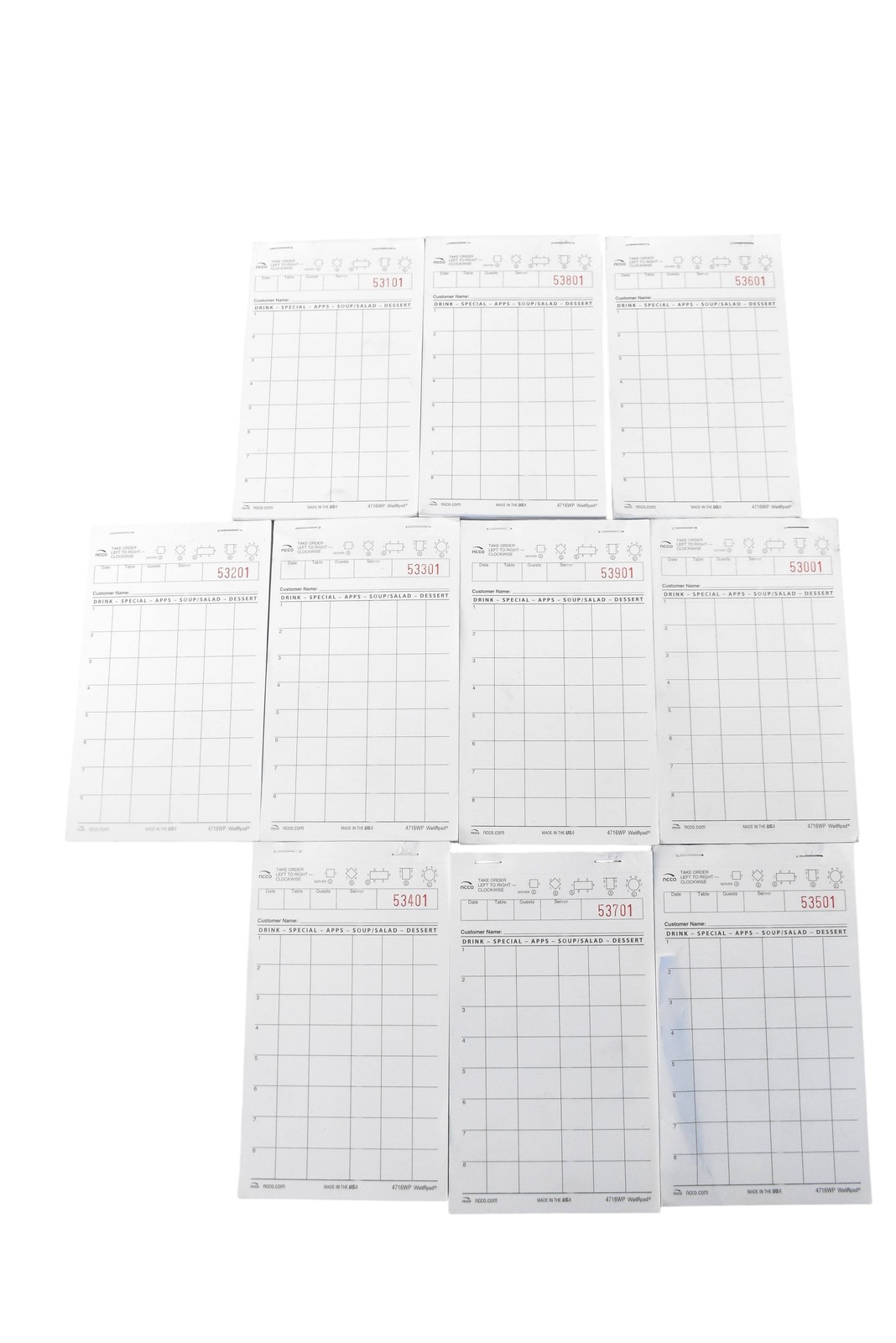 NCCO 4716WP WaitRpad Restaurant Numbered Guest Check Sales Order Pads 10 Pack