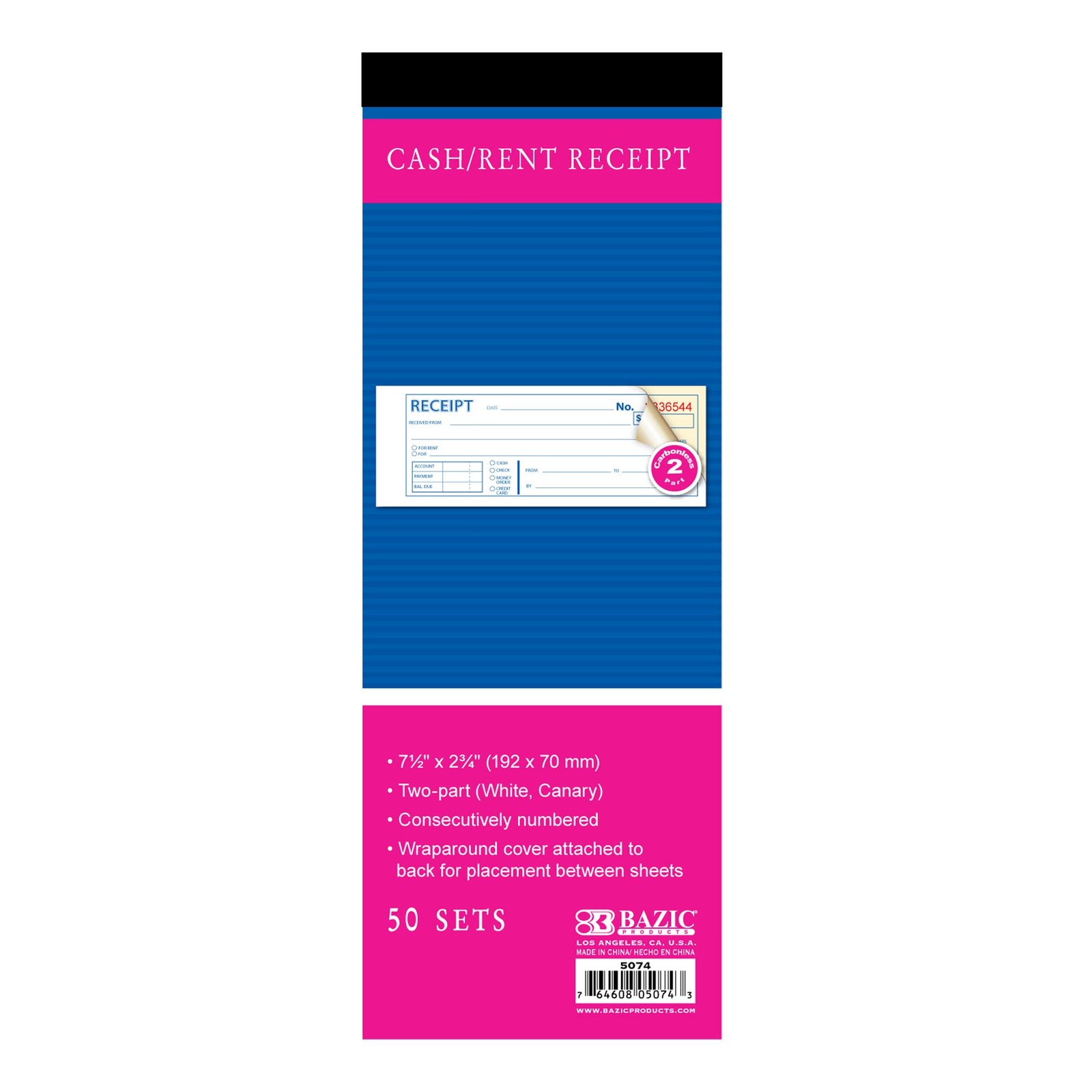 BAZIC PRODUCTS Cash or Rent Receipt Book, 2-Part Carbonless, 1-Pack, 50 Sets