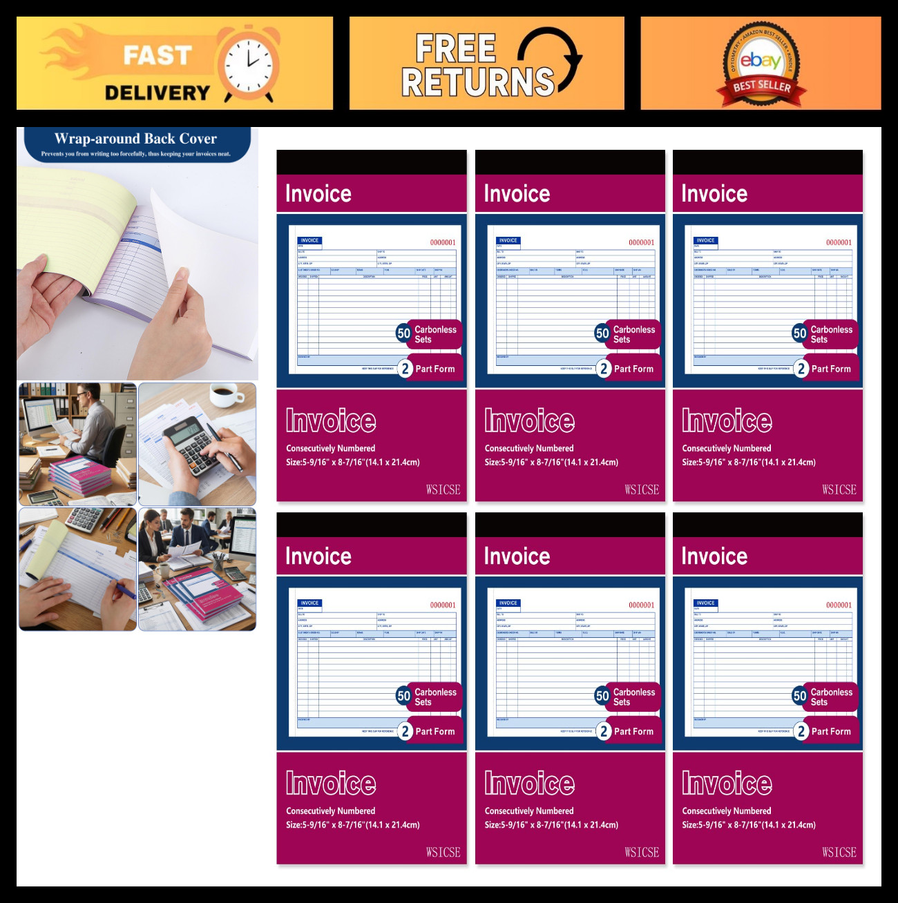 6 Pack Carbonless Invoice Receipt Book, 2-Part, 50 Sets, 5.5″ x 8.5″ for Small B