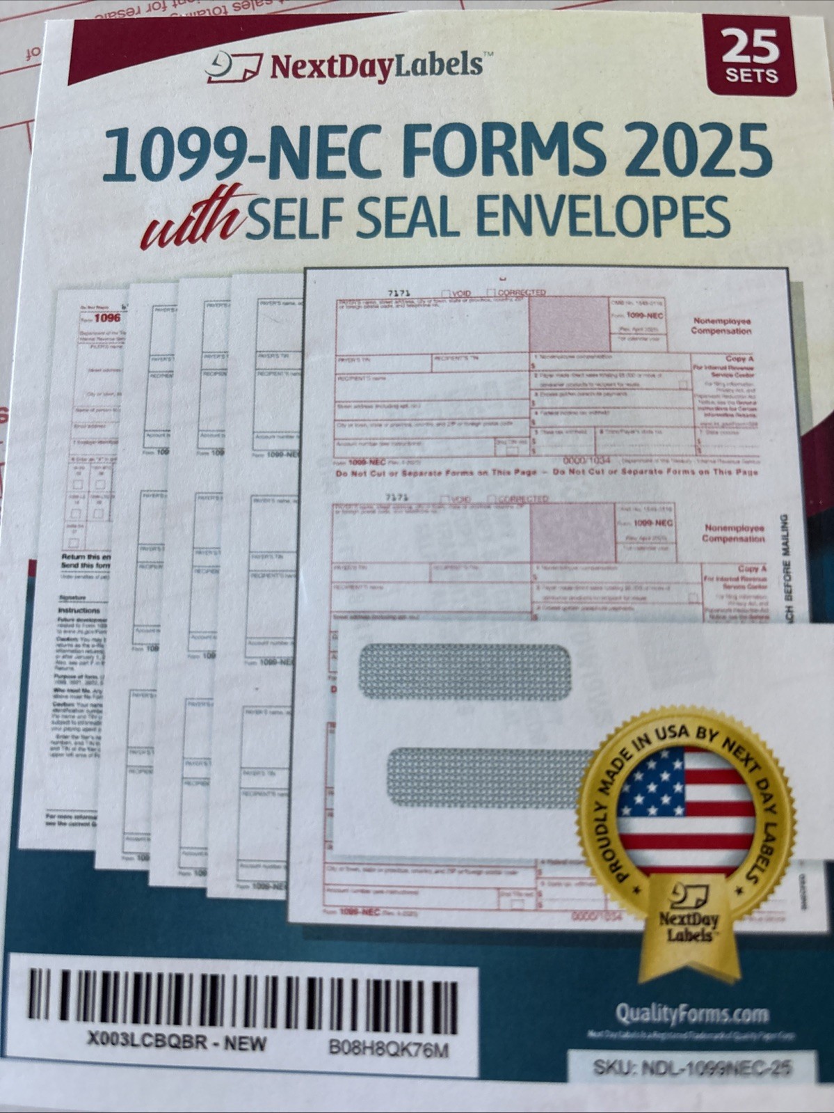 Next Day 1099-NEC FORMS 2025 With Self Seal Envelopes NDL1099NEC25
