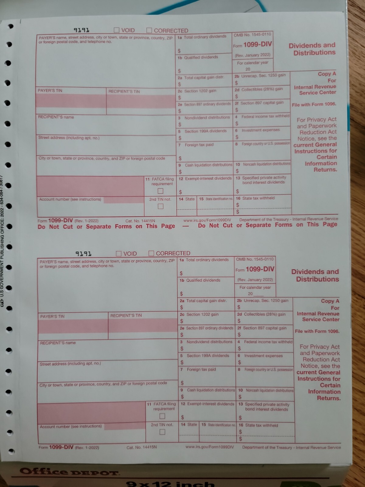 2024 IRS Tax Form 1099-DIV single sheet set for 2 recipients, carbonless 5-part