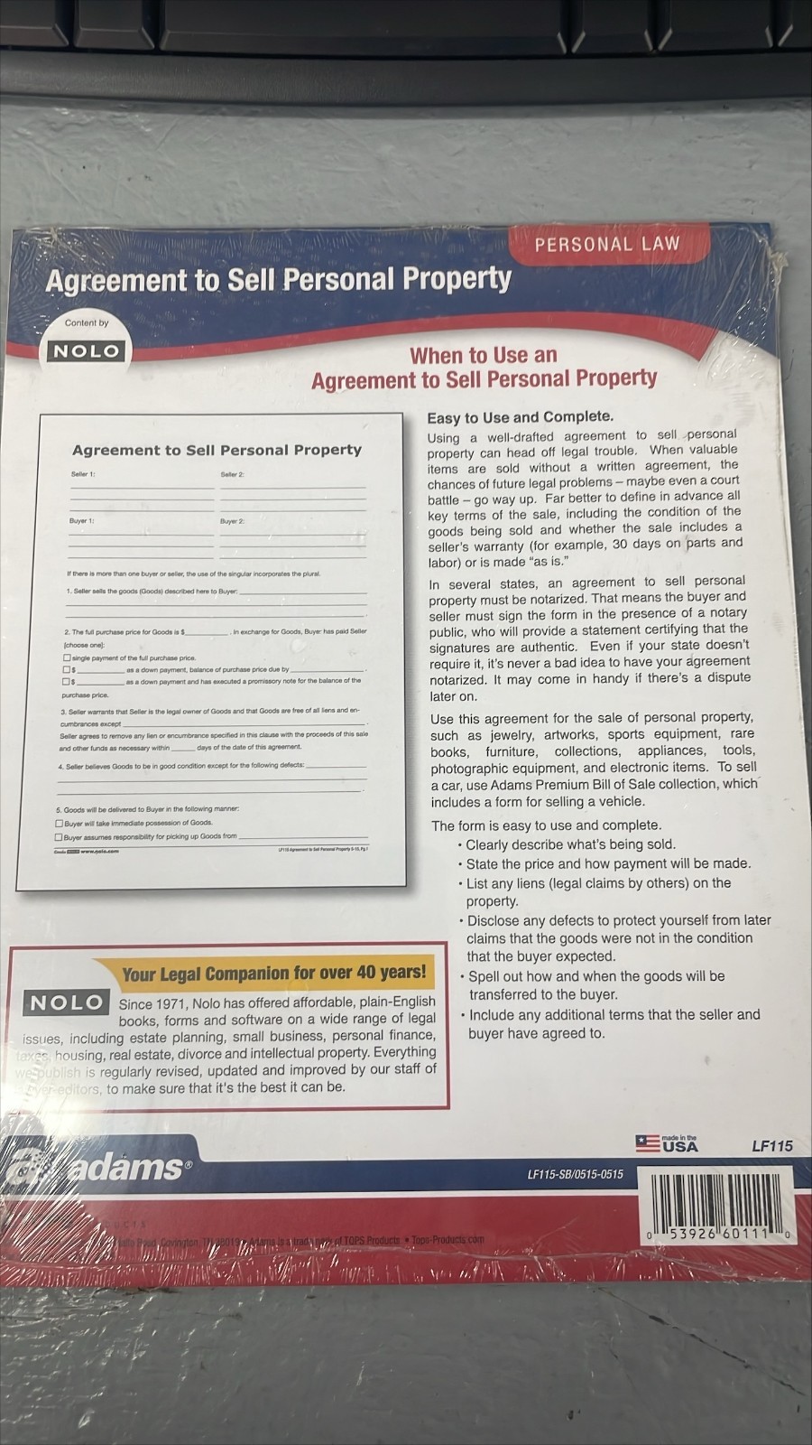 Nolo Adams Agreement to Sell Personal Property – Terms & Conditions of Sale Form