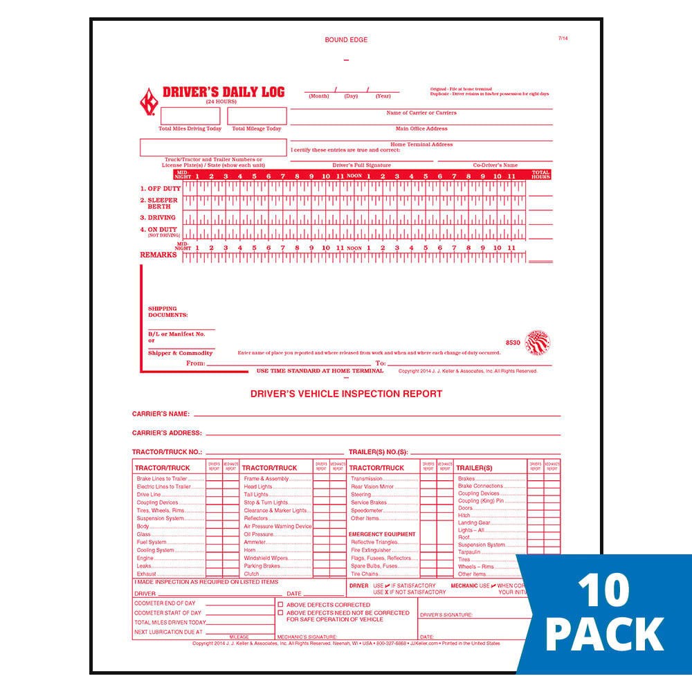 J. J. Keller 2-in-1 Driver Daily Log Book with Detailed DVIR, 2-Ply Carbonless,