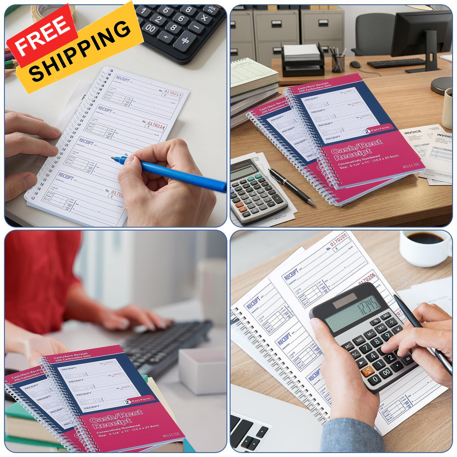 2 Pack Receipt Books with Carbon Copies, Rent Book, 2-Part Blue+red