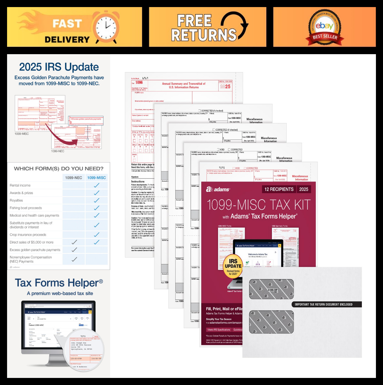 1099 MISC Tax Forms 2025, 4-Part Kit for 12 Recipients, Envelopes Included, eFil