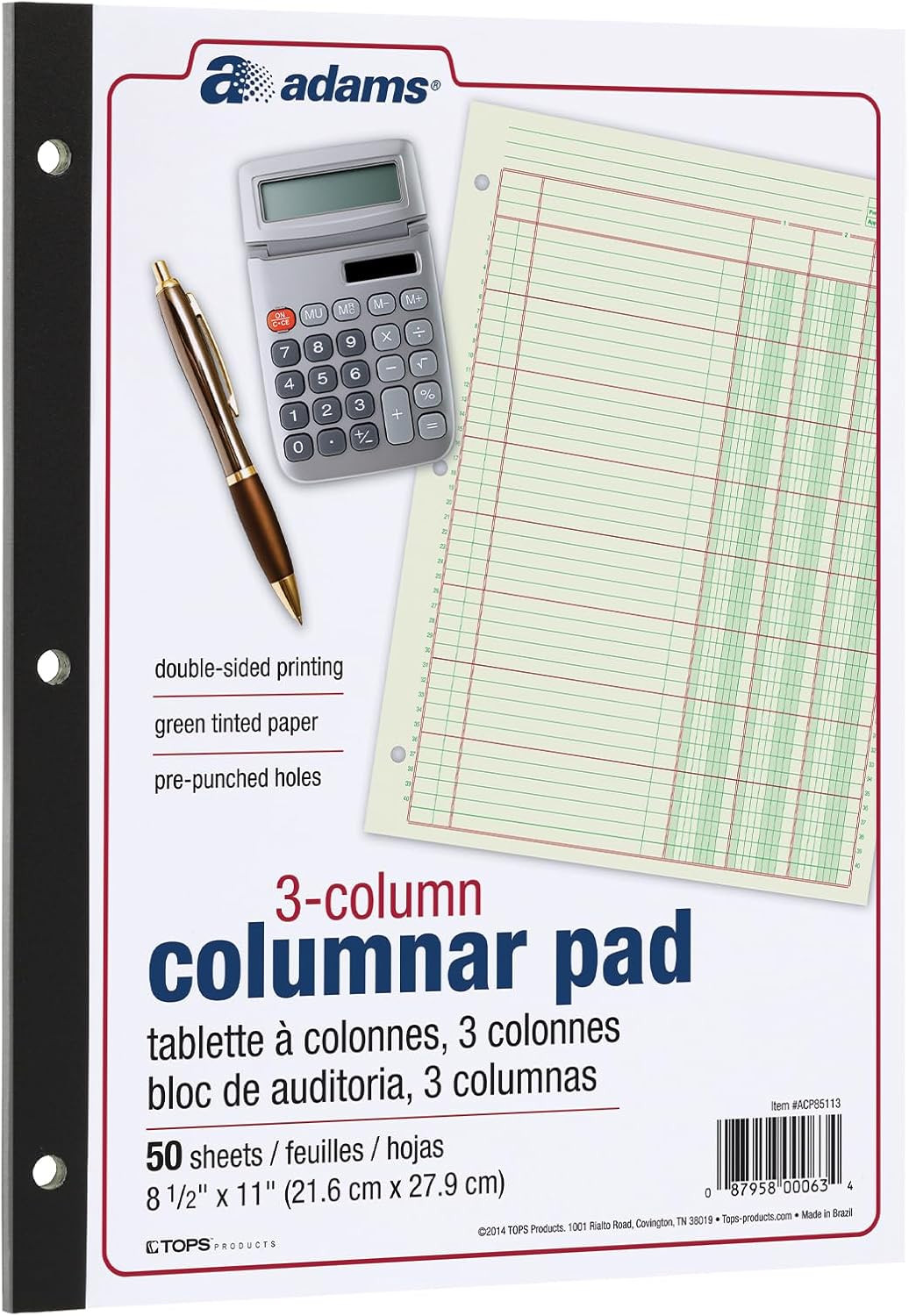 Adams Columnar Analysis Pad, 3 Column, 8 1/2 X 11, Single Page Format, 50 Sheets
