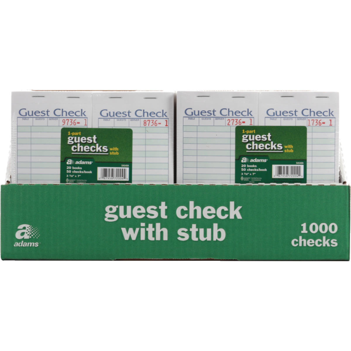 1000 total 20 Books Adams 1 Part Guest Check w Stub 50 check/book SA540A Receipt