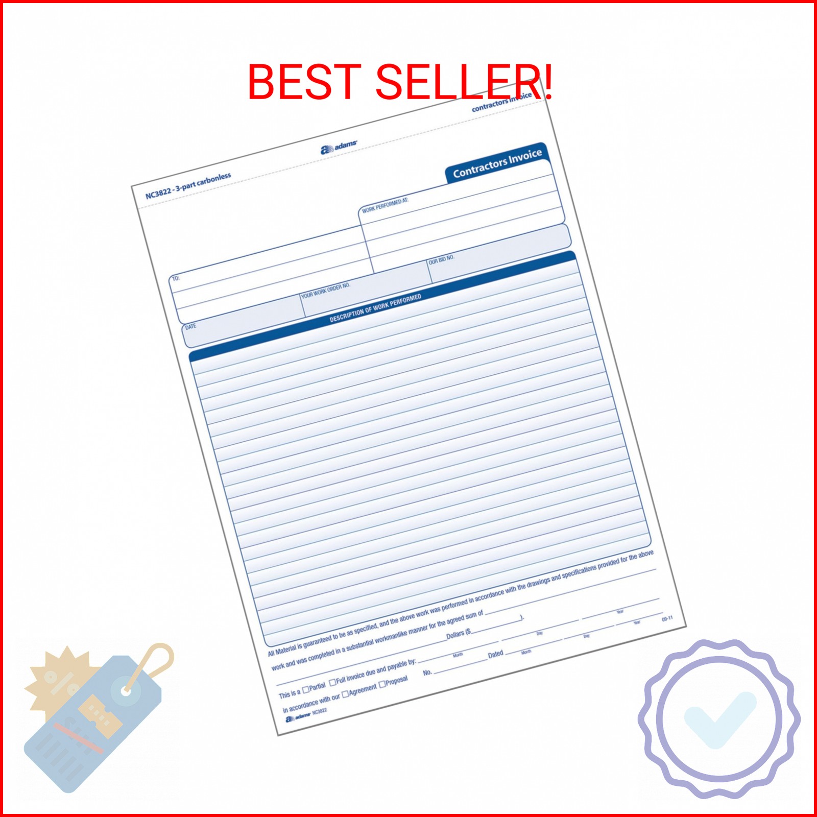 Adams Contractor Invoice Forms, 8.5 x 11.44 Inch, 3-Part, Carbonless, 100-Pack,