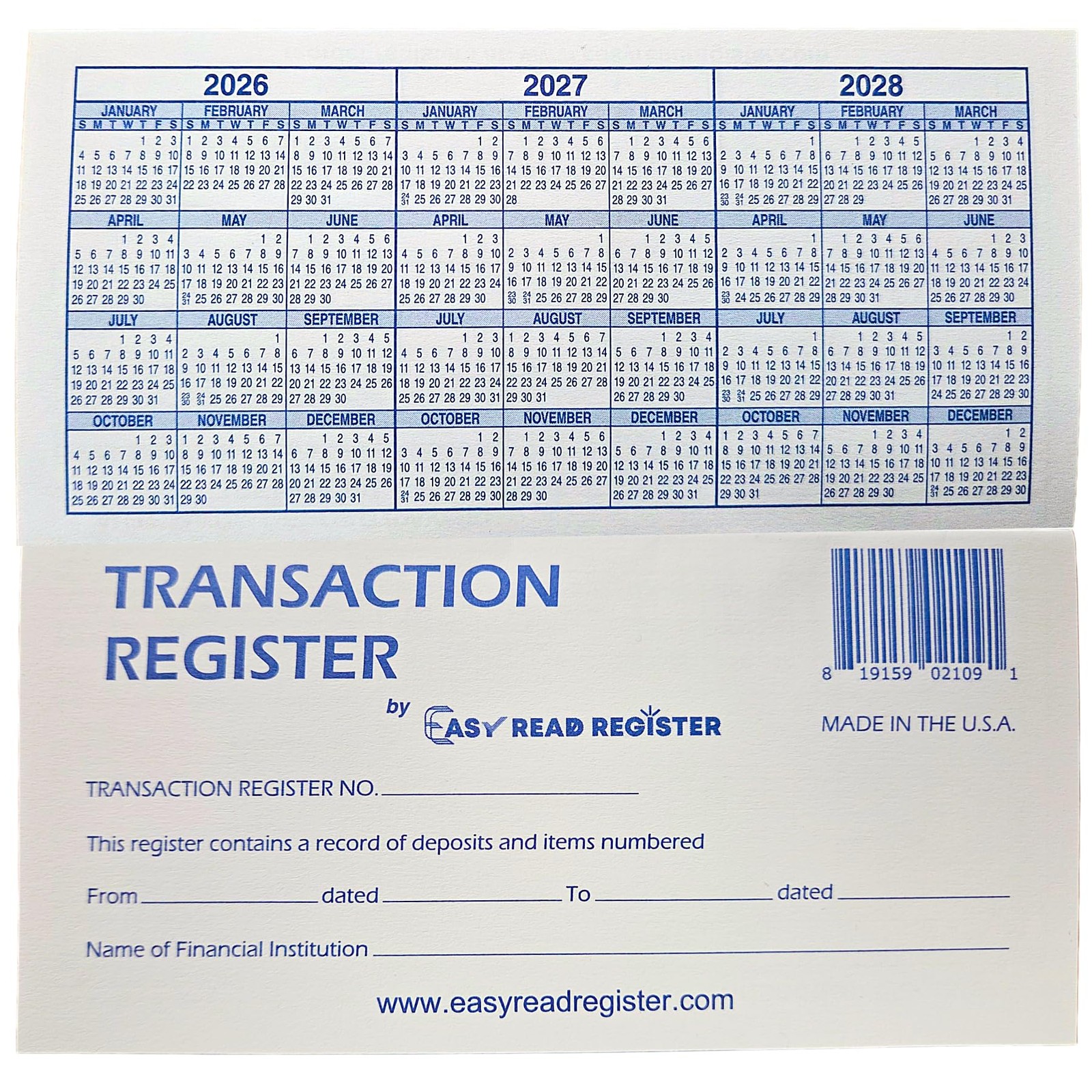 12 Checkbook Registers 6×3 with 2026-2027-2028 Calendars Check Tracking Made USA