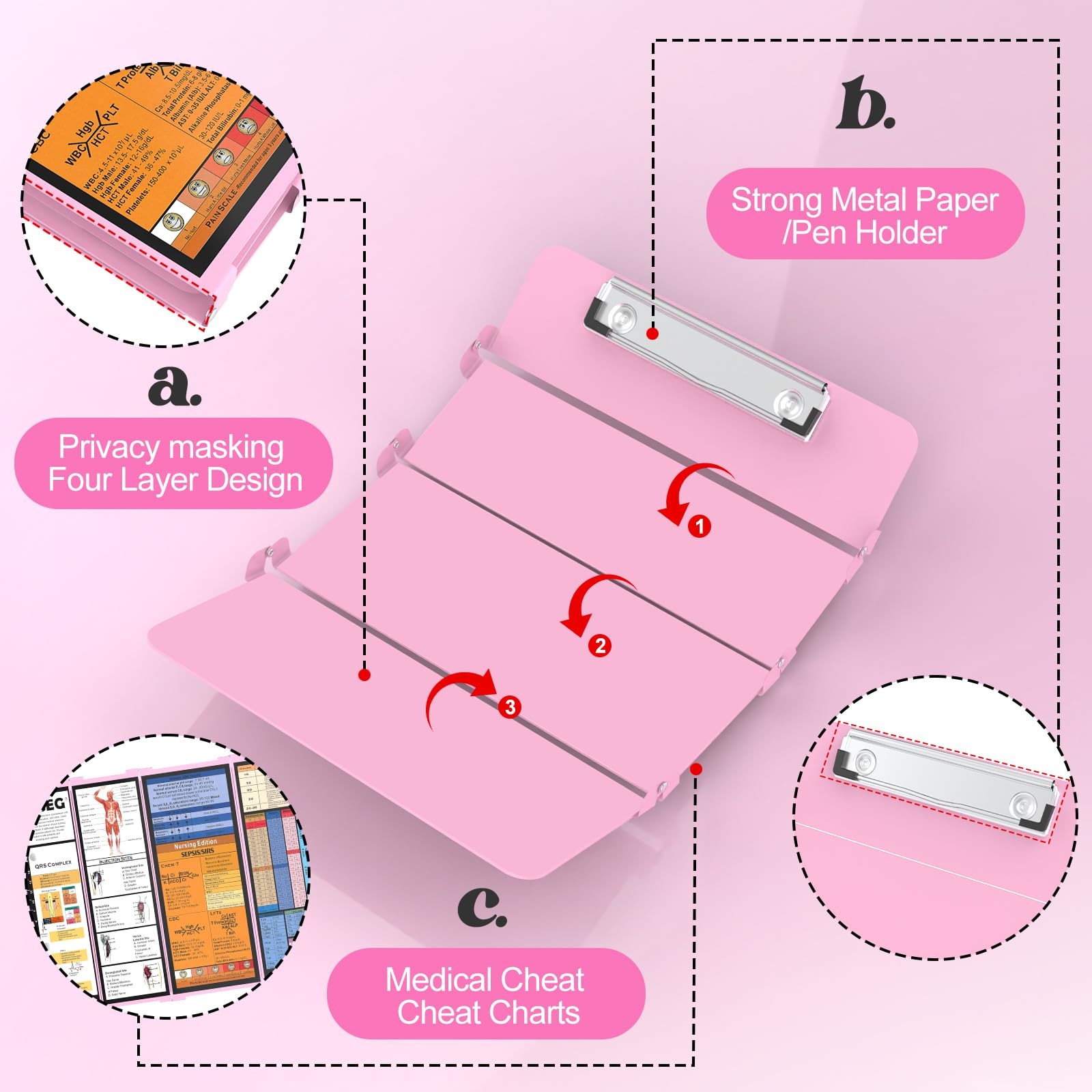 Nursing Clipboard Foldable-4 Layers Aluminum Nurse Foldable Baby Pink