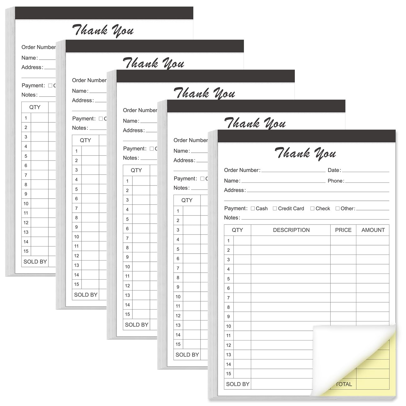 (5-Pack) Thank You Receipt Book – 5.5″ x 8.5″ Cardboard 2-Part Carbonless…