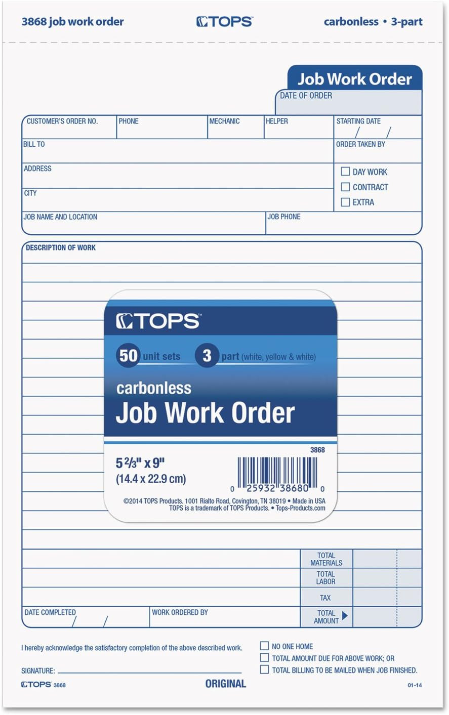 3868 Snap-Off Job Work Order Form, 5 2/3″ X 8 5/8″, Three-Part Carbonless (Pack