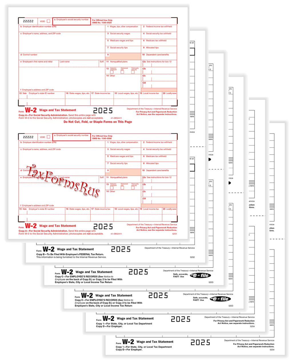 2025 IRS Tax Form W-2 Wage Stmts LASER single sheet set for 2 employees, 6-part