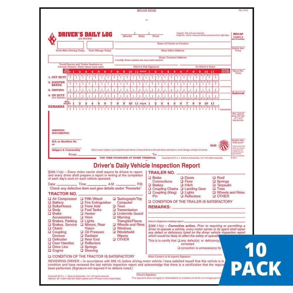 J. J. & Inc. 2-In-1 Driver Daily Log 10-Pk. Detailed Driver