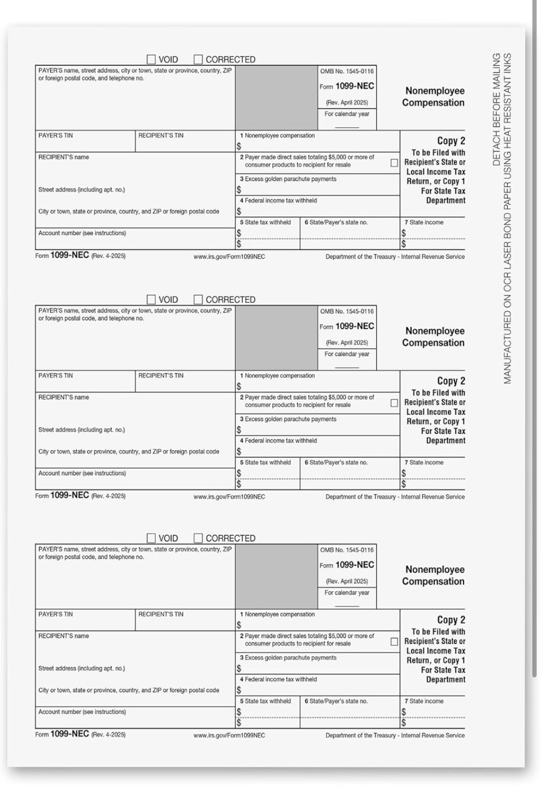 Onguls 1099-Nec 4 Part Tax Forms 25 Pack IRS Approved 2025 NO ENVELOPES