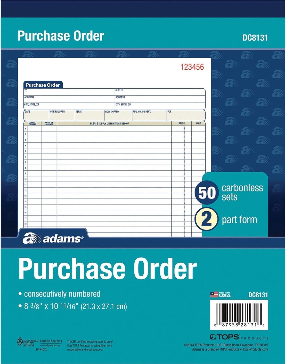 Adams Purchase Order Book, Carbonless, White/Canary, 2-Part, 8-3/8 x 10-11/16 In