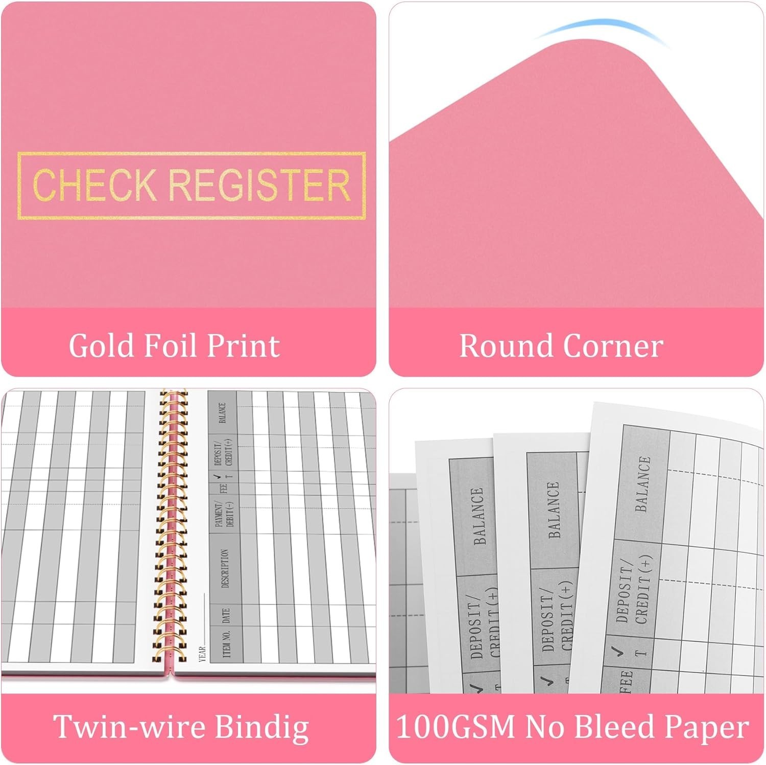 Financial Tracker Check Register Pink 100 Pages with Calendar and Receipt Pocket