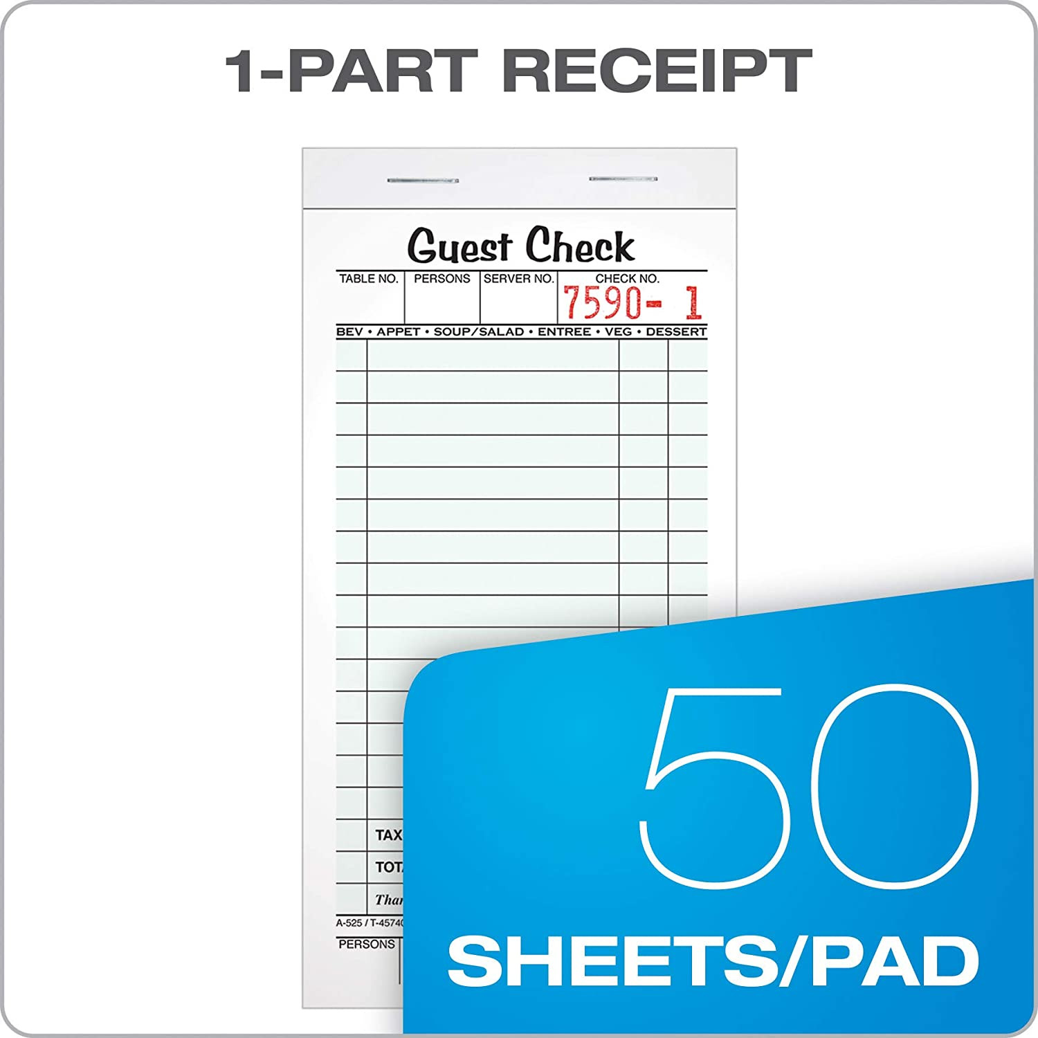 Adams Guest Check Pads, Single Part, Perforated Guest Receipt, 8.6 X 17.2 Cm, 5