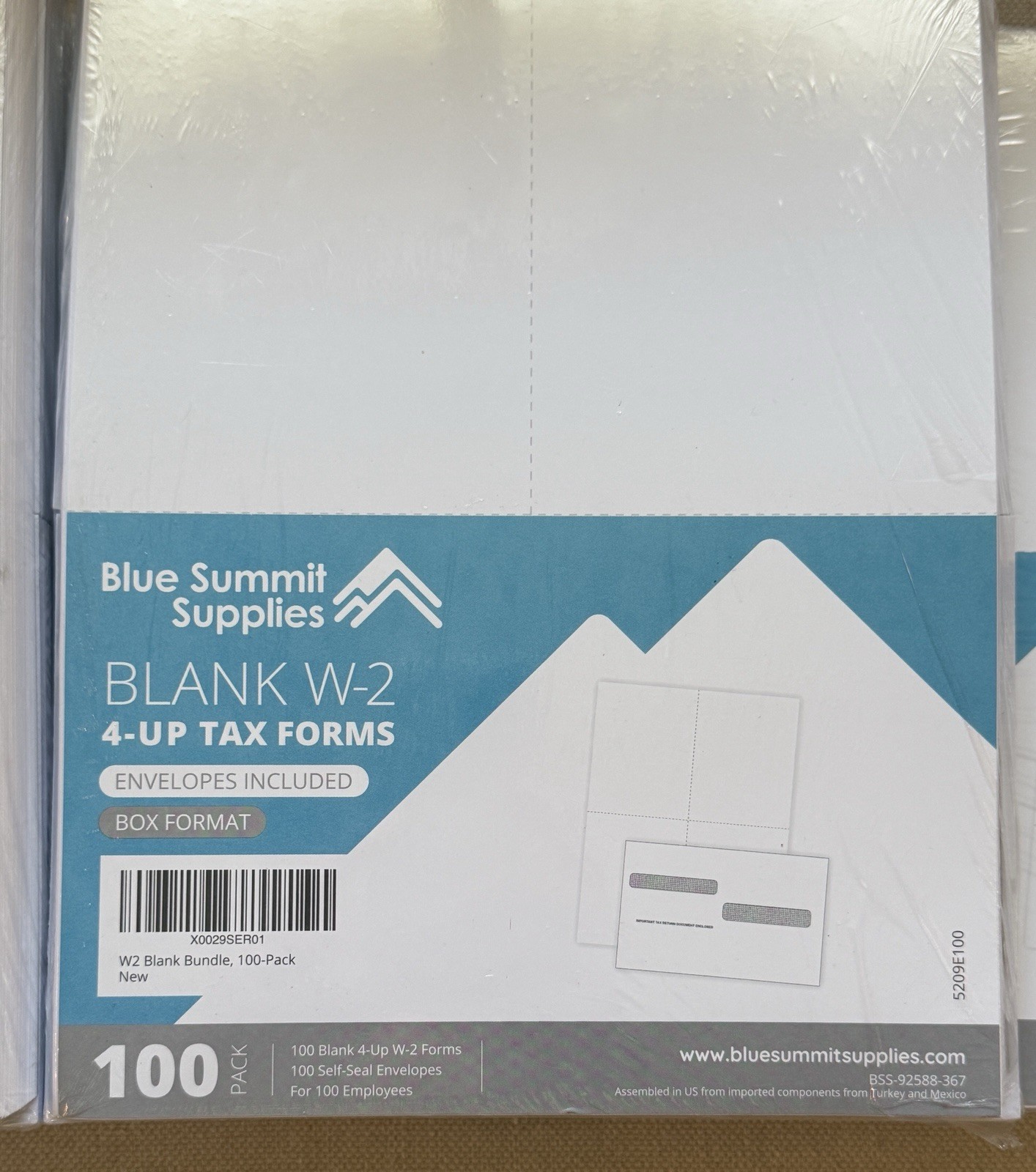 Blue Summit Supplies Blank W2 4-Up Tax Forms w/Envelopes 100 Employee 5 Packages