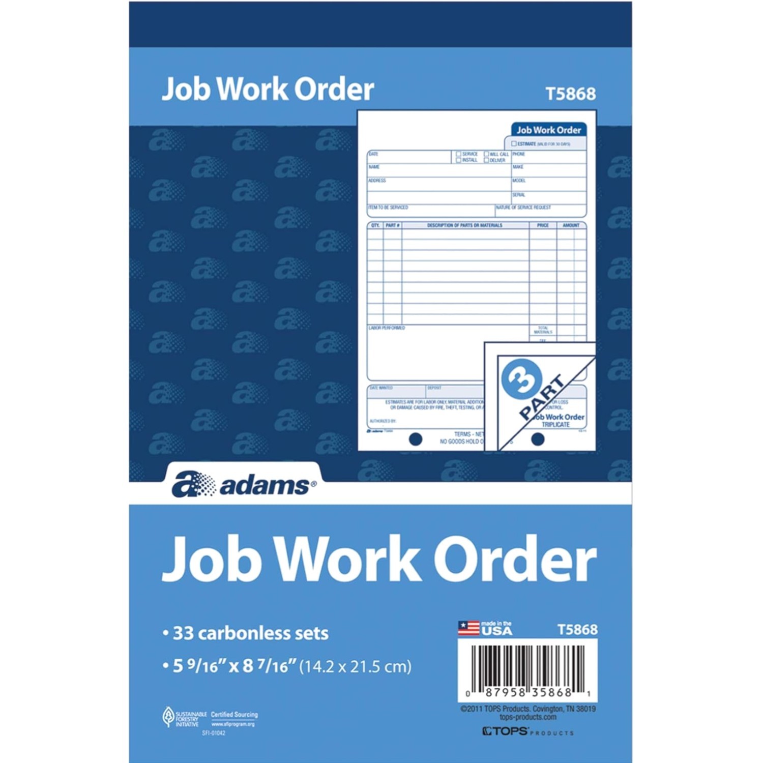 Job Work Order Book 3-Part Carbonless 33 Sets 5-9/16 x 8-7/16 Inches